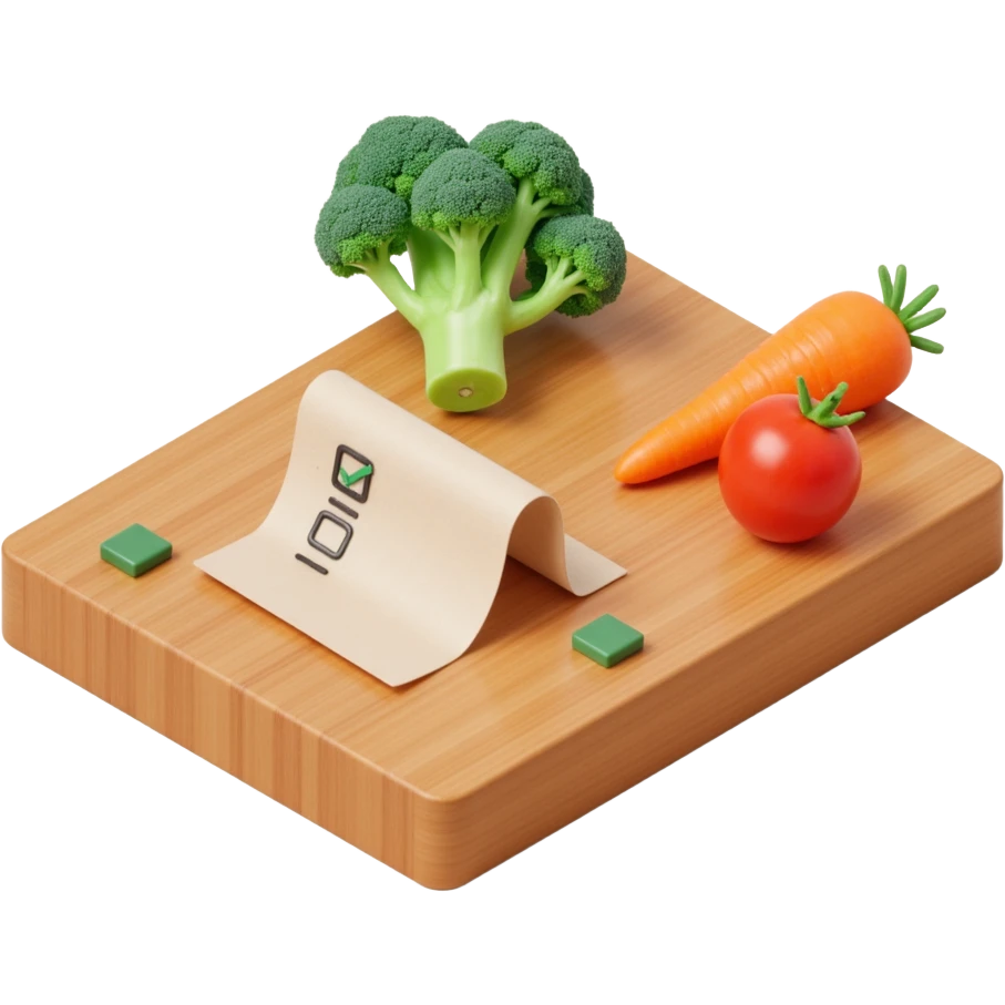 carrot tomato brocoli on the wooden cutting board with floating rolled paper list with checkbox emoji