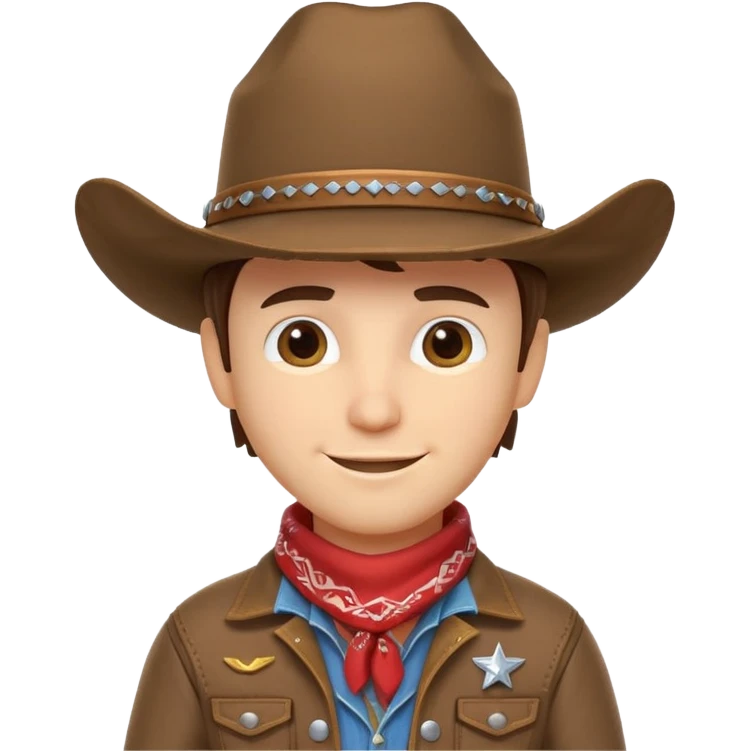 cute cowboy portrait, head and shoulders only, cowboy hat, bandana, western jacket collar, confident smile, 3D cartoon, mobile game icon style, clean background, no text, no watermark
 emoji