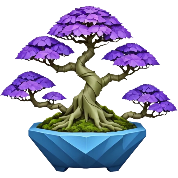 Futuristic wild glowing et alien moss maples Bonsai hair-fine-leaf group crystal boxwood purple and cream rose blue informal rocky cliffhanger eight trees forest planting in shallow origami slab style pot with big feet  emoji
