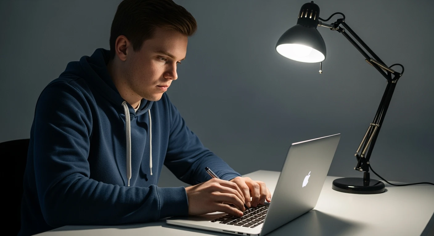 Cinematic still,Man Point of view, Man writing on macbook pro keyboard, minimalistic environment emoji