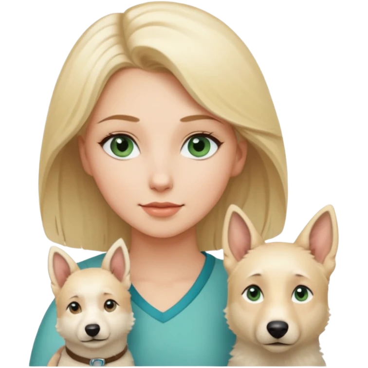 A white blonde Hair Woman with blue Green eyes with a White Shepard with a little bit beige in the fur in a lovely pose  emoji