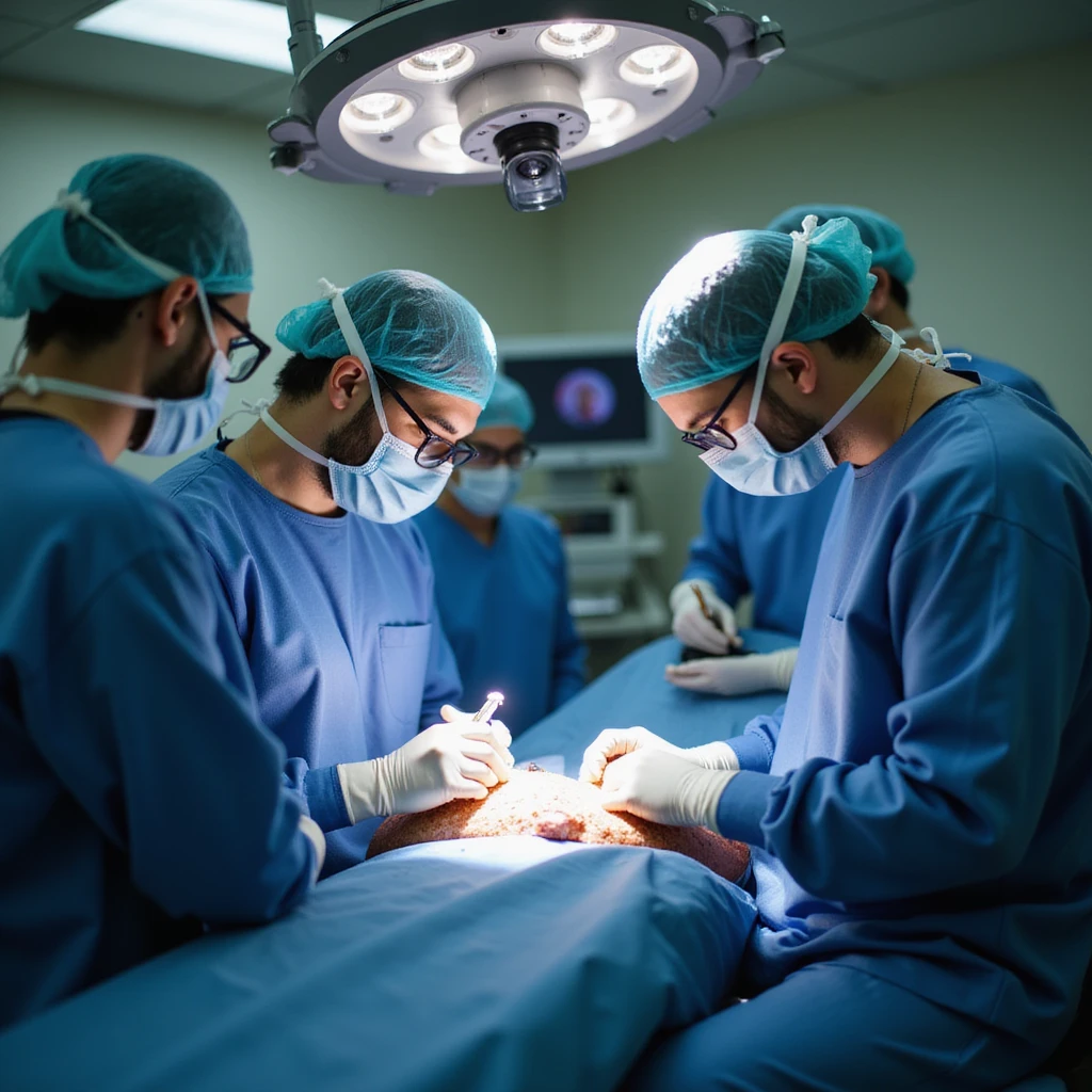 surgeon in operating room performing ankle ligament surgery on a man, medical team working, surgical instruments and monitor visible, focused atmosphere, 4K quality emoji