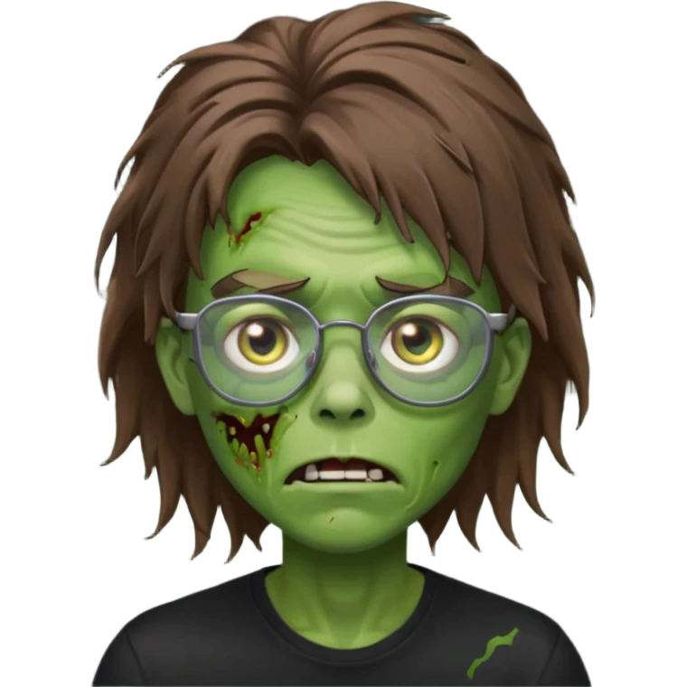 Green zombie, brown messy hair covering the forehead, black glasses, black shirt. iOS style. emoji