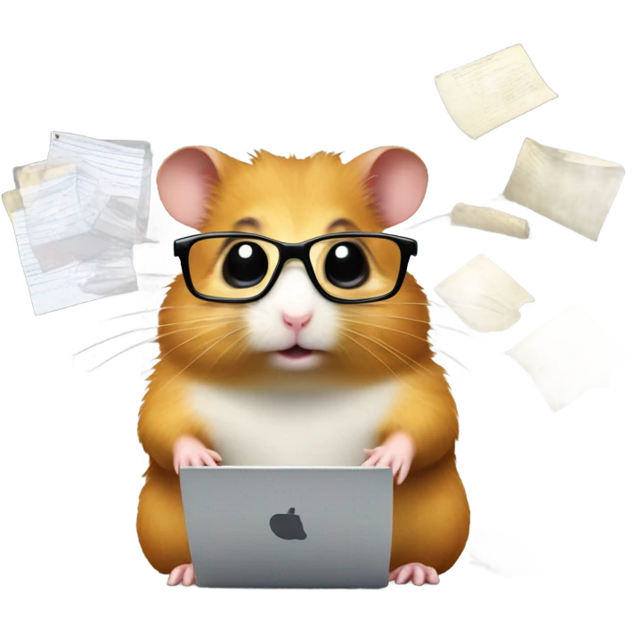 Hamster with glasses typing on laptop around files emoji