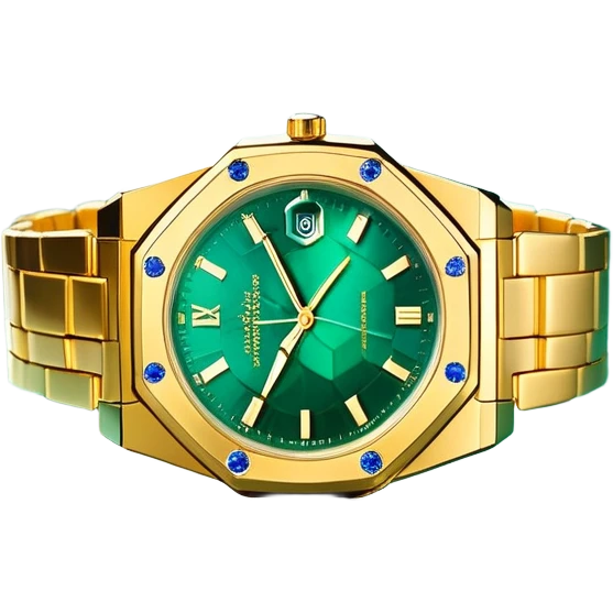 Minimalist white hand outline cradling a hexagonal prism refracting golden light into a scene of a luxury watch on a marble desk, deep emerald (#1A5F3F) and sapphire (#0F52BA) gradient background, prism facets glowing with metallic gold (#D4AF37) edges, soft shadow play, cinematic luxury vibe emoji