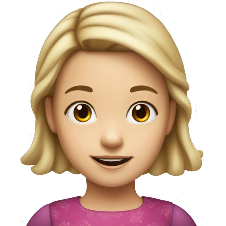 Emoji of a small white girl, 5 years old, with straight dark blonde hair. She has a cheerful expression and is wearing a colorful dress emoji