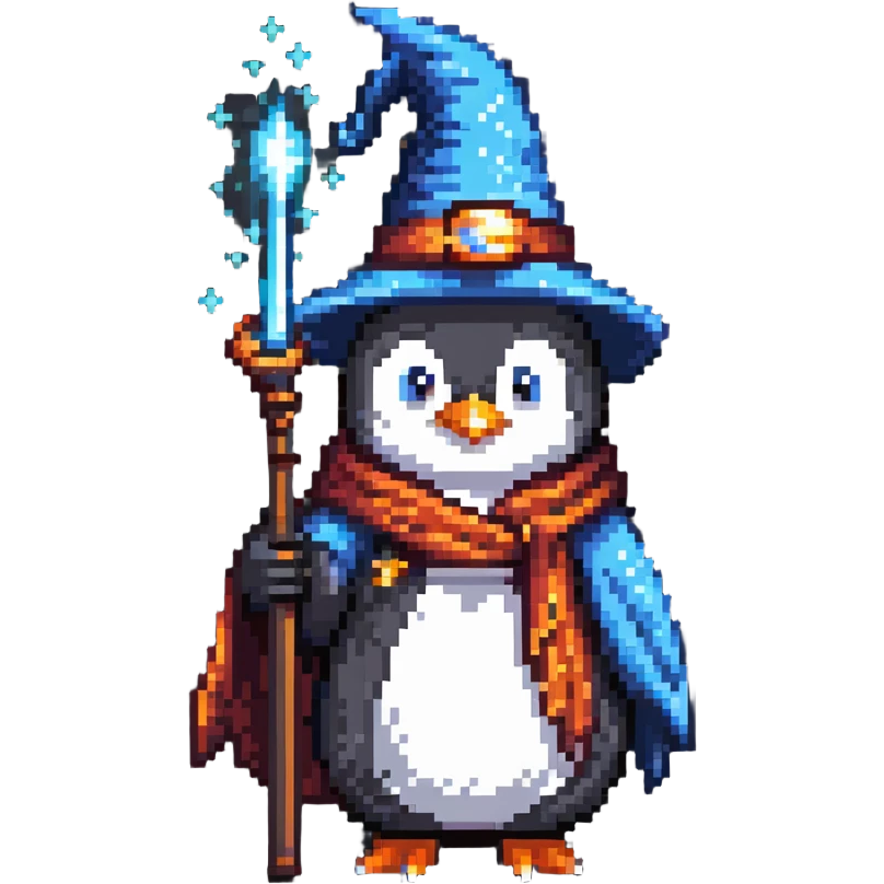 Penguin wearing wizard hat and robe holding a magic wand emoji