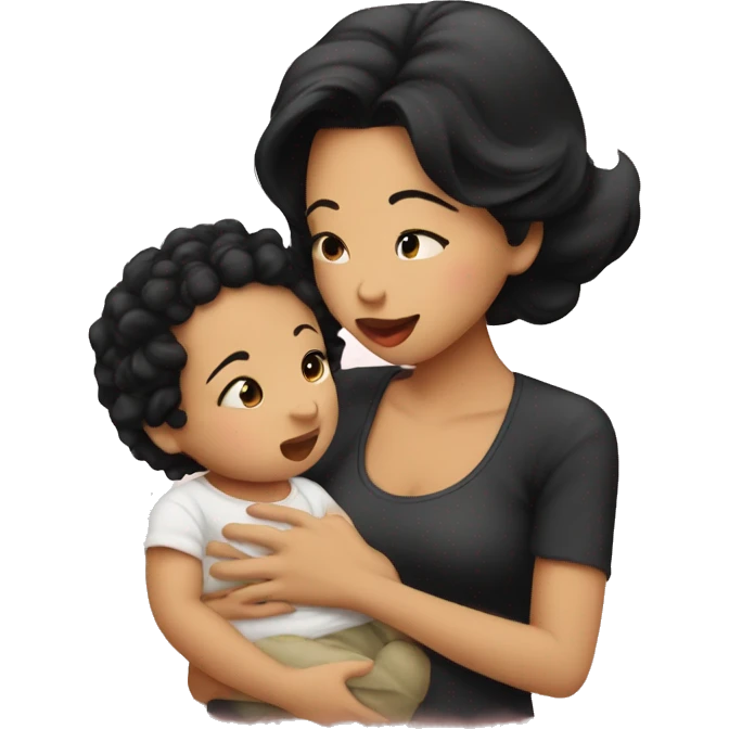 Cute Baby boy and pretty mother with black hair kissing  emoji
