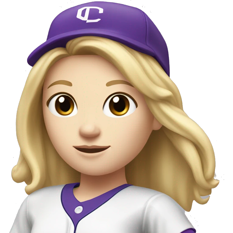 baseball card character. white female. longe blonde straight hair. letter C logo. Purple and white uniform.  emoji