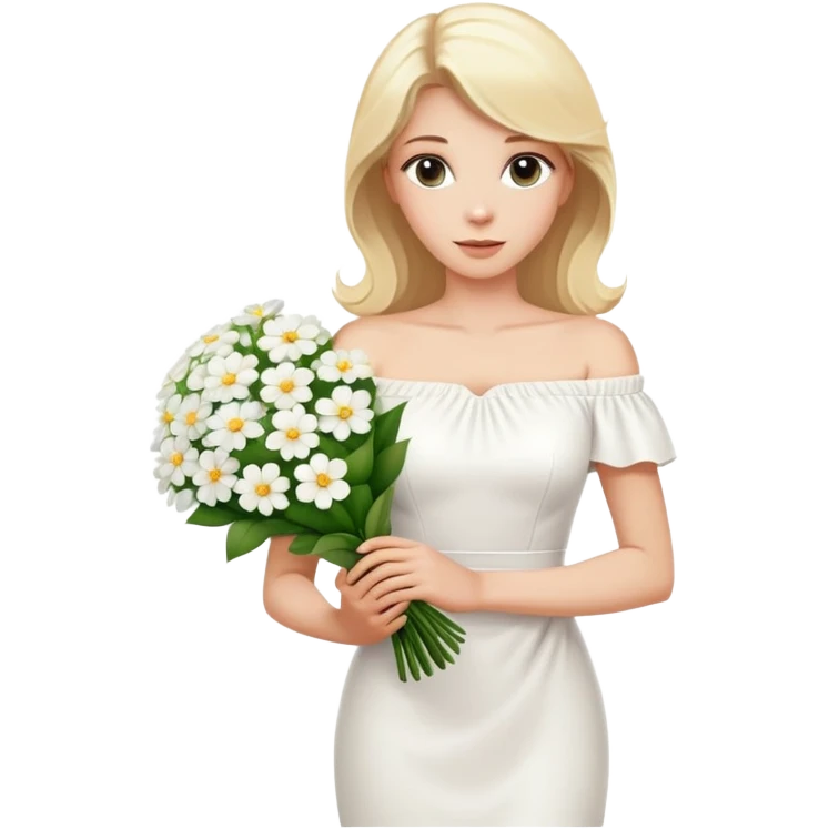 blonde woman in a white off-shoulder dress with a bouquet of white flowers in a white bag in her right hand emoji