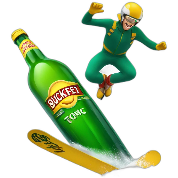 Man ski jumping over a giant green bottle of buckfast tonic wine emoji