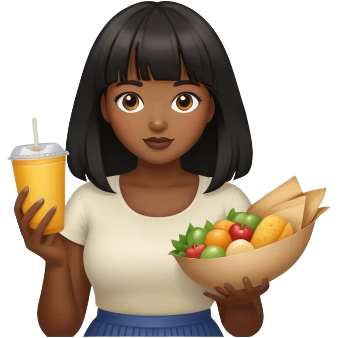 Medium dark skin tone girl with bangs black long hair plus size with food emoji