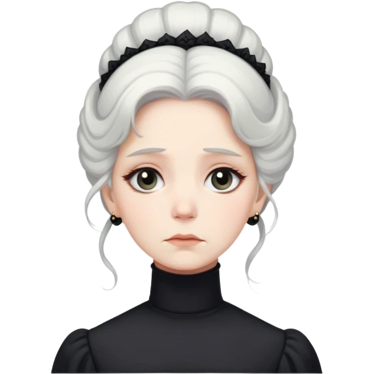 A Victorian woman with elegant coiffed white hair wearing a modest black turtleneck mourning dress with a forlorn expression emoji