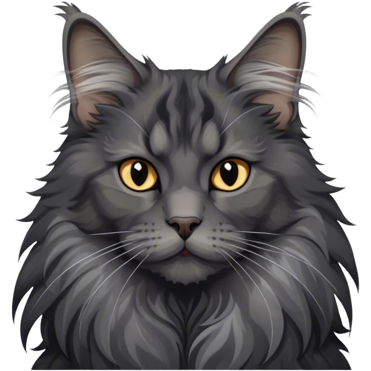 Portrait of a black smoke Maine Coon cat with long grey ear tufts and a large grey ruff around its neck. The cat has a majestic expression, with fluffy fur and striking eyes. Transparent background. emoji