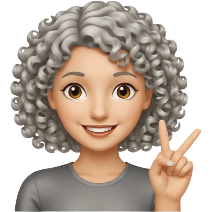 silver, short, wavy-haired with curls, smiling pretty lady, hopeful,  2 fingers up


 emoji