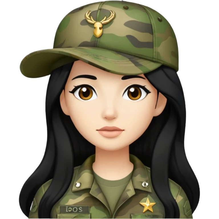 cartoon woman with long black hair wearing camo clothes and ian charms cap emoji