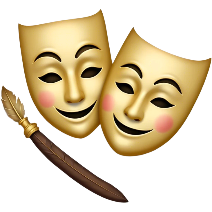 Create a dramatic emoji representing dramaturgy. The design should feature a classic theatre mask (comedy and tragedy), with one mask displaying a smiling face and the other a sad one. Include elements like a quill or fountain pen to symbolize the writing process, with dramatic lighting or shadows to enhance the theatrical feel. The background should be elegant, possibly with a curtain or spotlight effect, evoking a sense of drama and performance. Make the background transparent. emoji