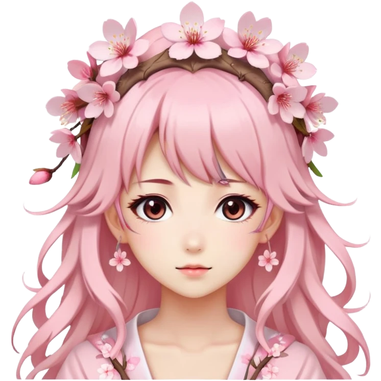 A Gorgeous Beautiful Anime Lady with a Sakura Cherry Blossom Headdress and Pretty Hair, pastelcore emoji