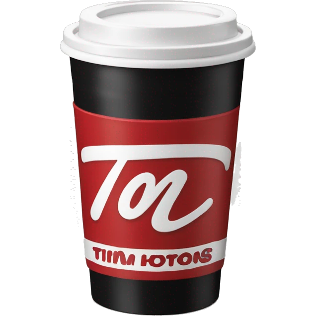 “Red Tim Hortons coffee cup with bold white script logo, black plastic lid, and smooth, minimalist design.” emoji