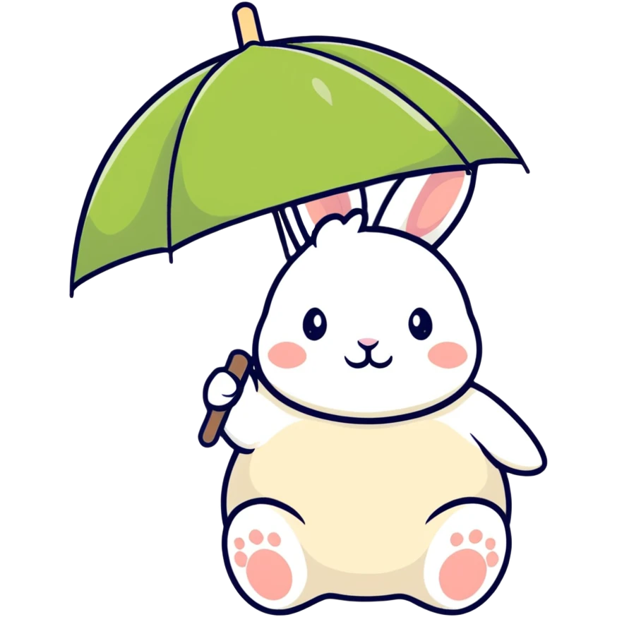chubby bunny holding a mushroom umbrella, pastel beige and moss green emoji