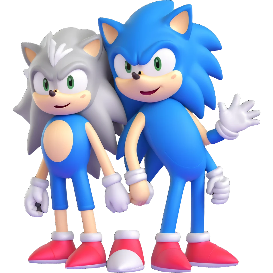 Sonic the Hedgehog, baby Sonic, and Silver the Hedgehog holding hands together emoji