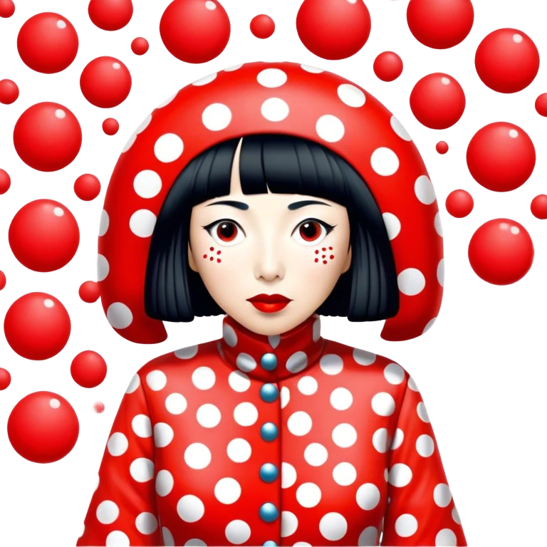 Yayoi Kusama – Cinematic Realistic Portrait of old Japanese artist Yayoi Kusama, depicted as an avant-garde artist with an eccentric, captivating expression surrounded by her iconic polka dot patterns, rendered with vivid textures and imaginative lighting that evokes her unique, surreal creative world. emoji