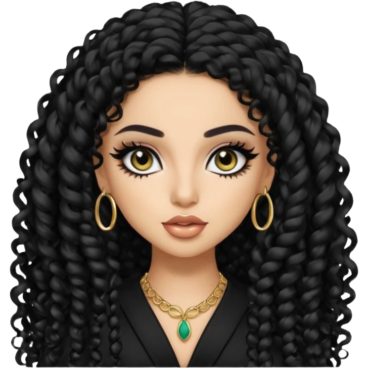 Saudi beauty, pretty bratz baddie, black eyeliner, long black curly hair khaliji fashion, light skin emoji