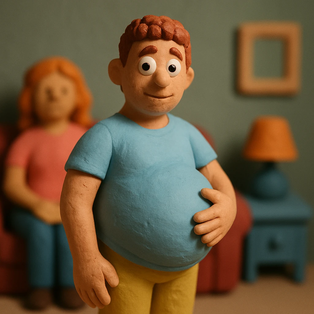 pregnant man, claymation style, matte plasticine, visible fingerprints, pastel colors emoji