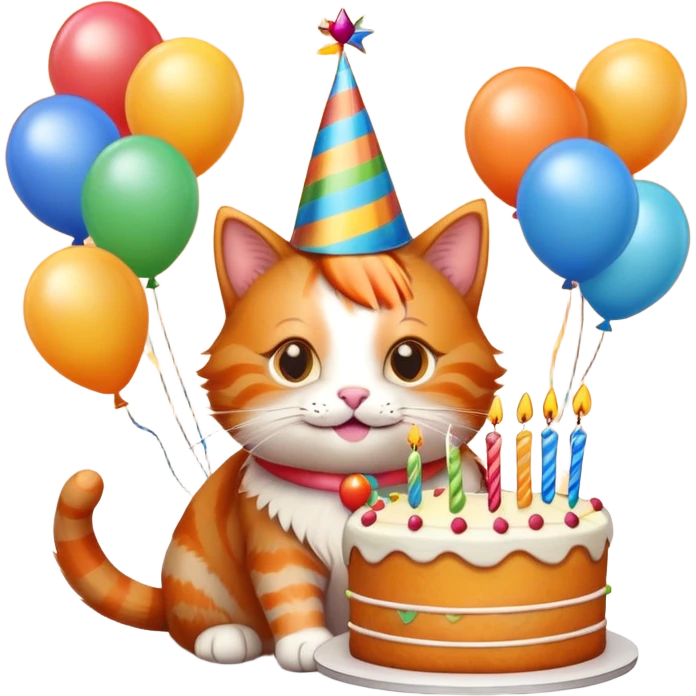 Ginger cat celebrates birthday, birthday hat, birthday cake, balloons, happy emoji