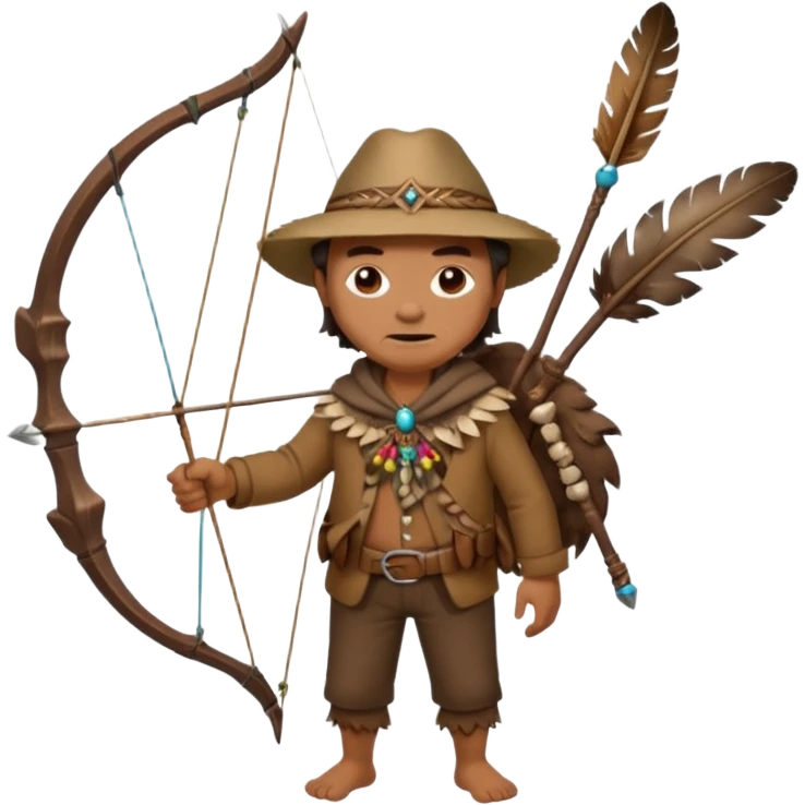 The classic image of a middle-aged uncle hunter carrying a bow, dressed in brown clothes, with some ornaments made of feathers, bones or teeth on his body. emoji