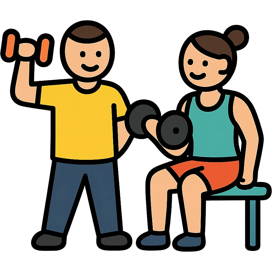 two friendly gym buddies working out together, simple and clear icon style emoji