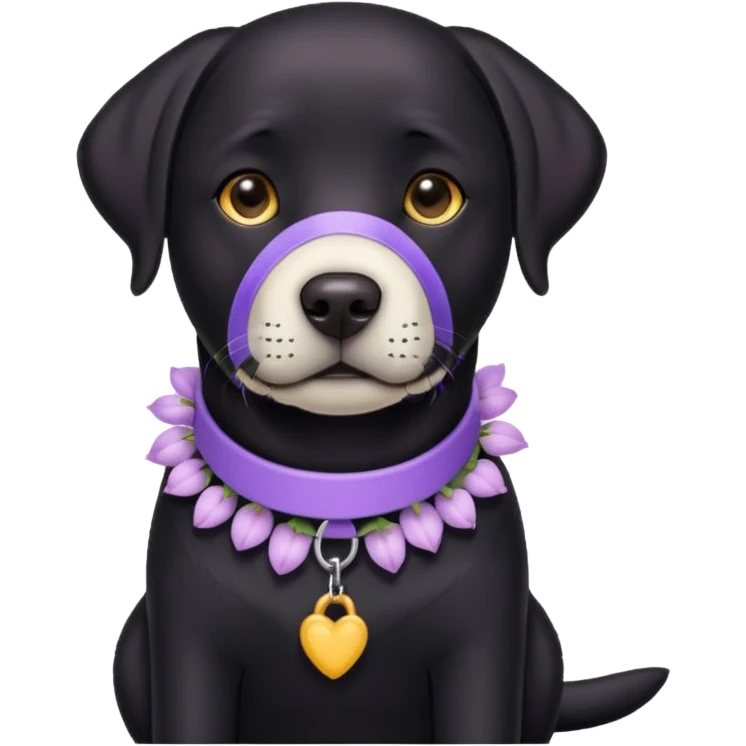 Sitting black Labrador with lilac collar, the muzzle is a bit white emoji