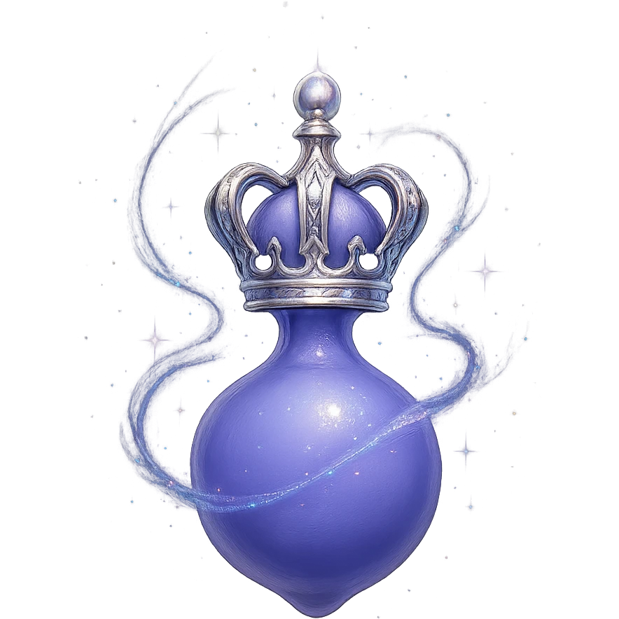 final ultra-luxurious very small elixir bottle inspired by a crown: crown shape on top, color #7986cb, bottom merges seamlessly into a rounded, closed bottle (not flat or glass-like), the whole bottle looks like it's floating and swirling in the air, elegant silver and iridescent details, magical glowing and sparkling effects, very small neck, seamless rounded bottom, transparent background, no base or shadow, modern, luxury collection style, even smaller bottle proportions emoji