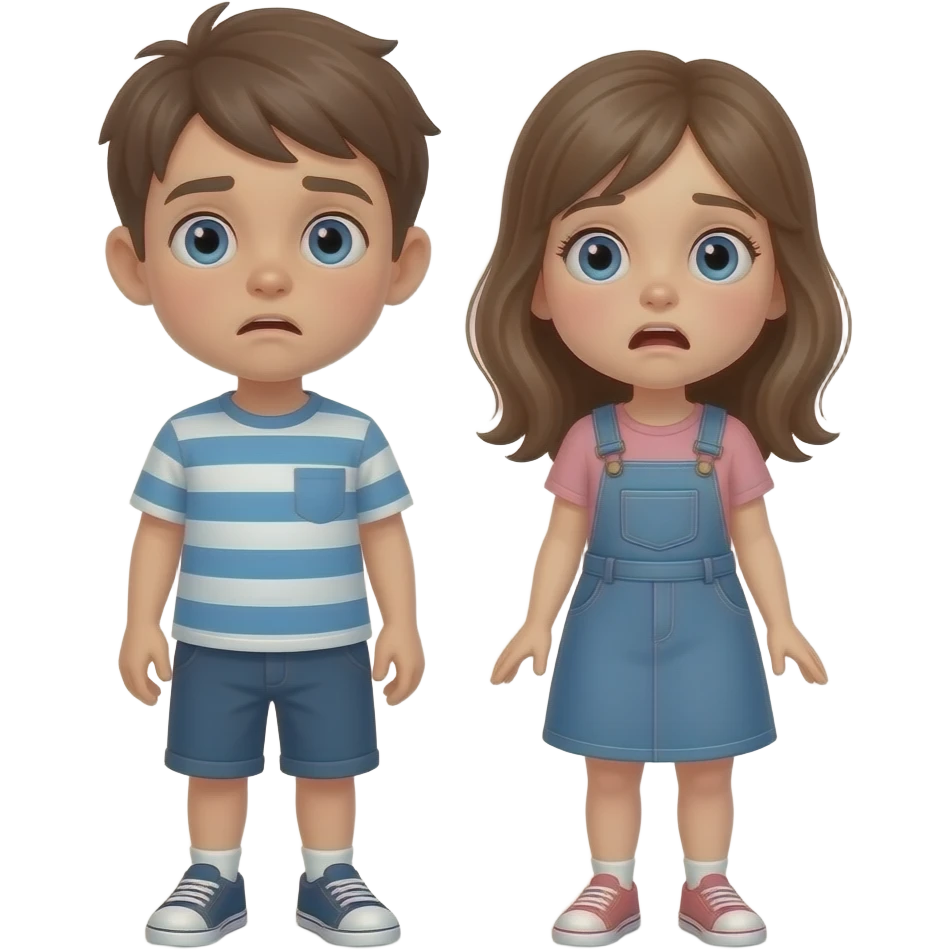 chico y chica son hermanos,se estan preguntando asustados donde estan, el chico castanyo i con pelo corto y la chica pelo suelto y color avellana y los dos tienen ojos azules son hermanos estan depie se les ve los pies emoji