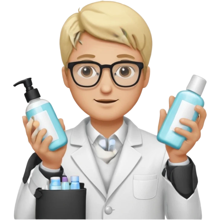 blonde man with white coat and glasses holding skincare products emoji