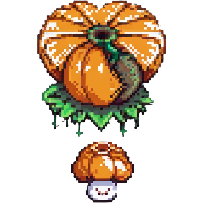 heart split in half with a mushroom motif on one side and a pumpkin motif on the other, pixel art style emoji