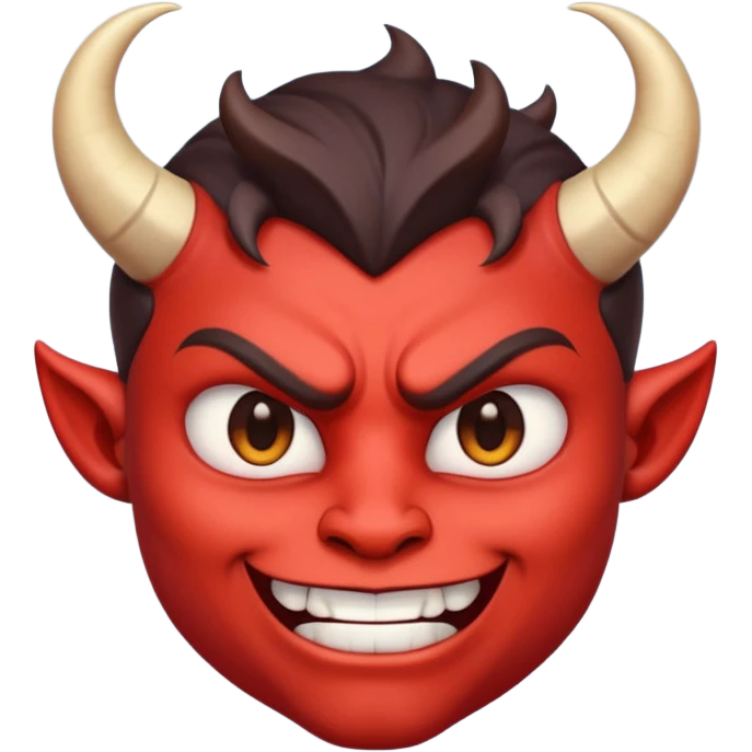 Demon cartoon emoji character, head and shoulders included (chest-up crop), centered face, confident and edgy expression, sharp eyes, subtle smirk, small curved horns, clean stylized face, not cute, not scary, modern emoji-style illustration, bold colors, smooth shading, high readability emoji