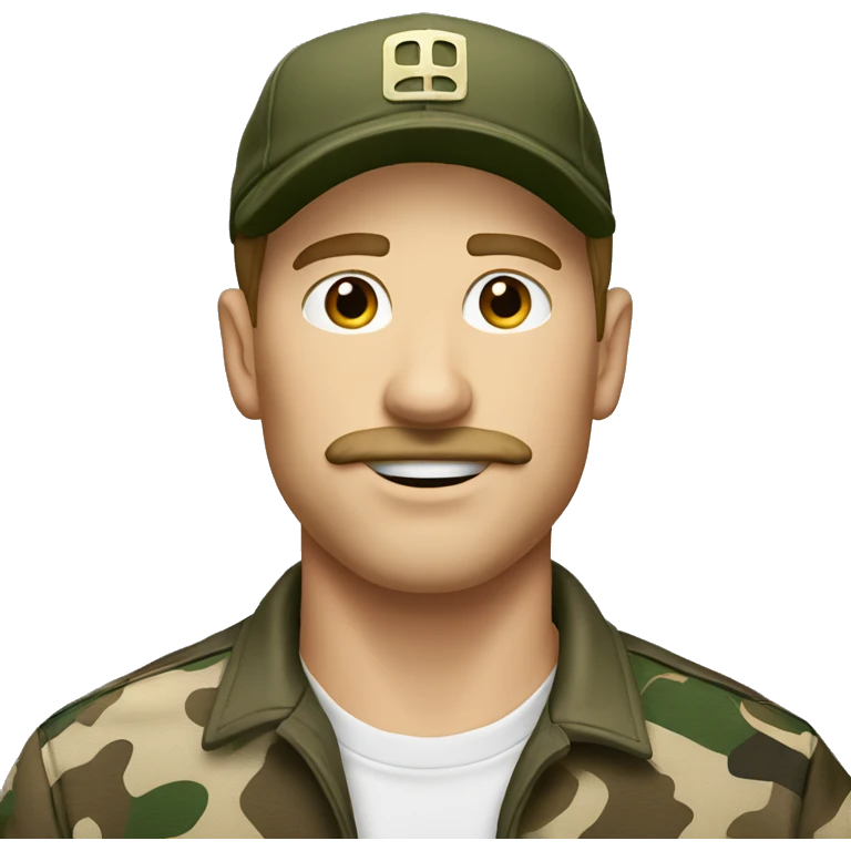 White man with brown hair, mustache, baseball cap and hunting camo shirt emoji