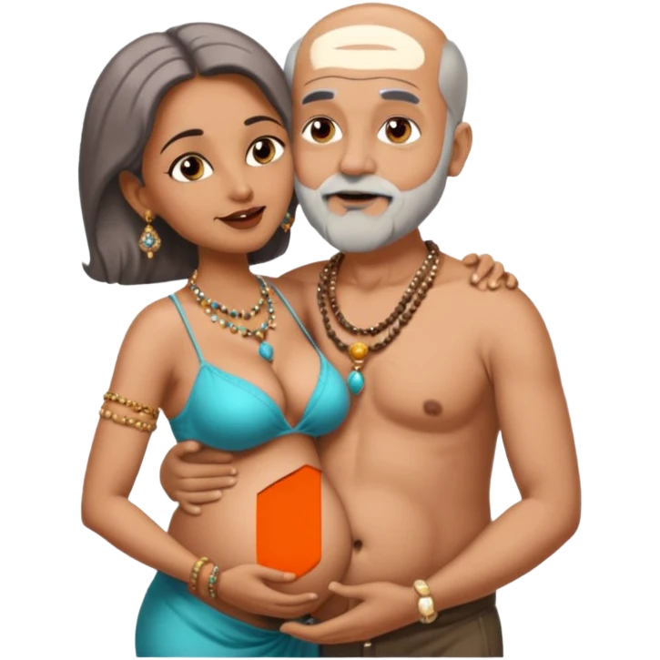 A man in his 69s balding with a grey beard passionate ly kissing the belly botton of an Indian woman in her 40s wearing a beads chain with here cleavage visible and embracing the man emoji