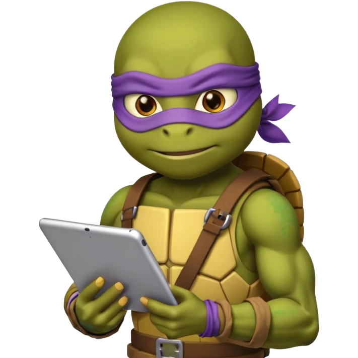 Donatello from Teenage Mutant Ninja Turtles, emoji style, with a tablet showing a hacking screen and a determined look, with a yellow hacking interface emoji