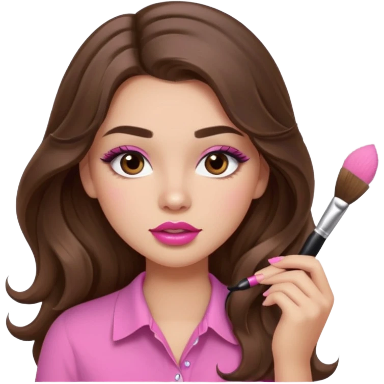 girl with long wavy brown hair, brown eyes, light to medium complexion, in a pink shirt, pink lips, long lashes, puckered lips, putting on makeup with a fluffy brush emoji
