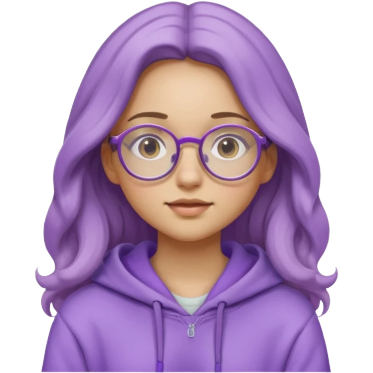 Chica de pelo largo y ondulado, con gafas redondas y expresión suave; viste una sudadera lila y transmite un estilo tranquilo y relajado. emoji