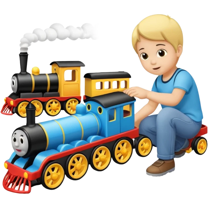 child playing with both toy cars and trains emoji