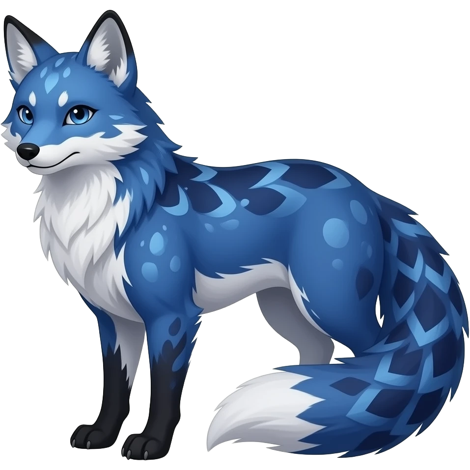 Feral Rare Fantasy scaly evil spooky vibrant dark shady shaded detailed deep-dark-cobalt-blue-gradients-colored colorful Vernid-Sergal-Genet-Trico-Fox-species by LiLaiRa, with dark-blackish points, white belly, random markings, tufted tail, tufted ears, full body emoji