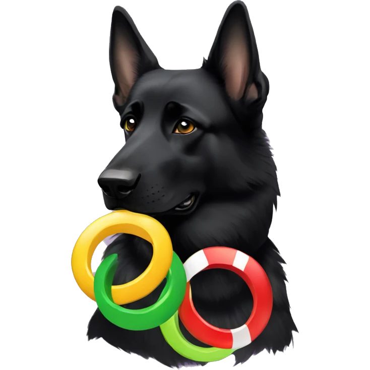 Black German shepherd with the 5 Olympic rings and tennis balls emoji
