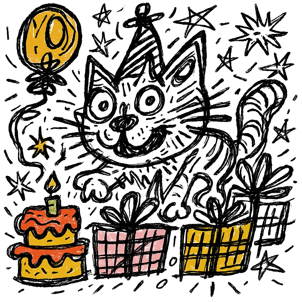 Make the birthday cake more colorful while keeping the chaotic outlined style and all other elements intact emoji