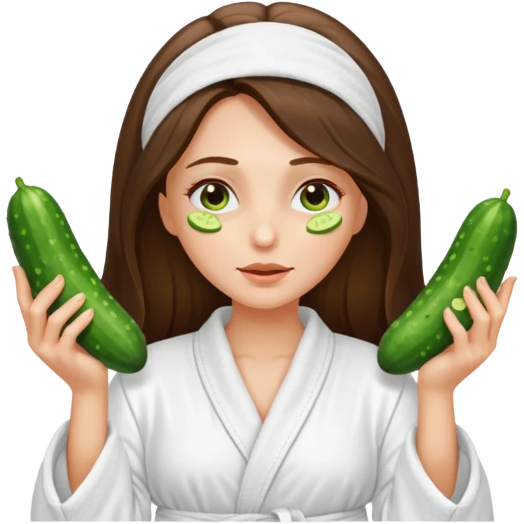 white long brunette hair girl with hazel eyes in a bathrobe with cucumbers covering her eyes emoji