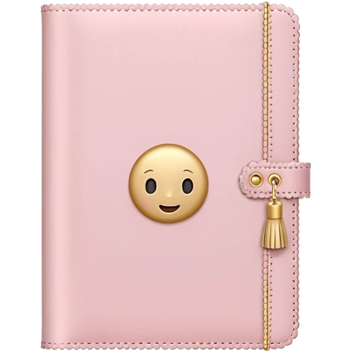 Cute pastel emoji illustration of a soft pink journal with scalloped edges, tiny gold dot details, and a small tassel charm, cozy and elegant stationery vibe emoji