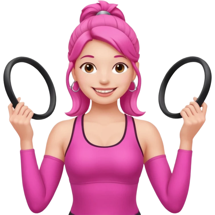 pink pilates girl, smiling, holding a pilates ring, vibrant pink outfit, round face emoji