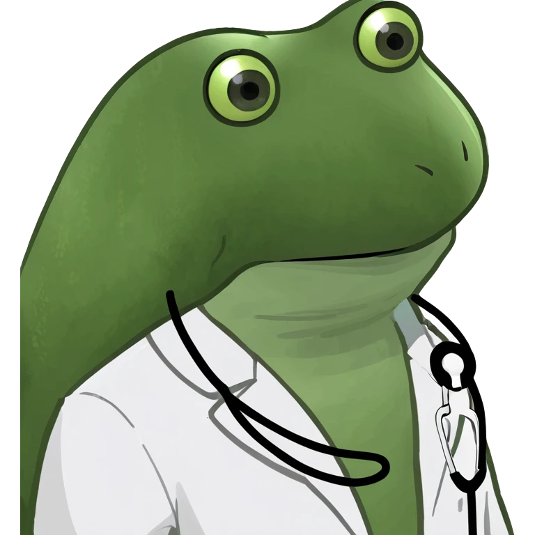 bufo frog wearing a white doctor's coat, sad eyes looking directly at the camera emoji